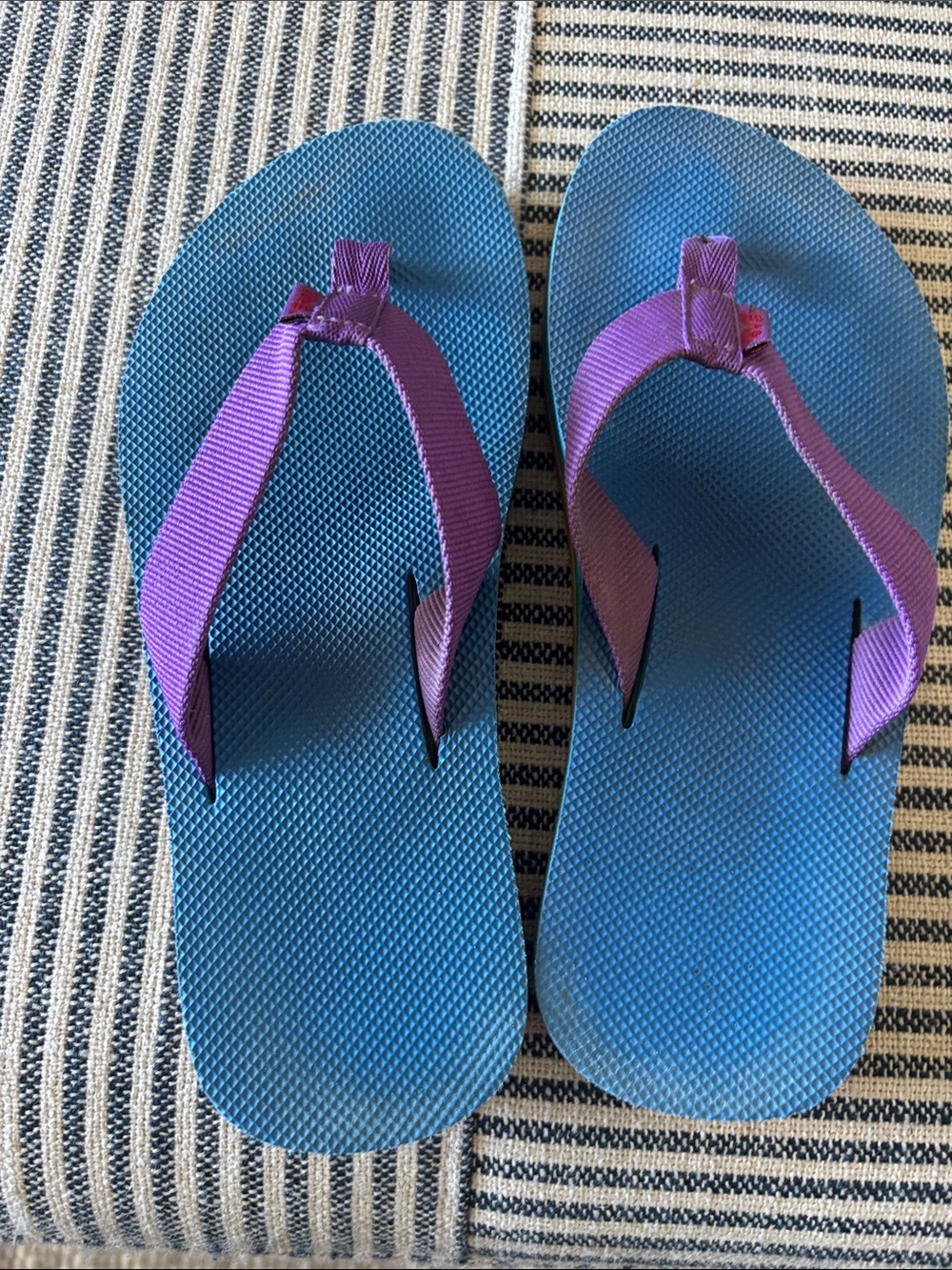 Rainbow Teva Flip Flops with Purple Straps